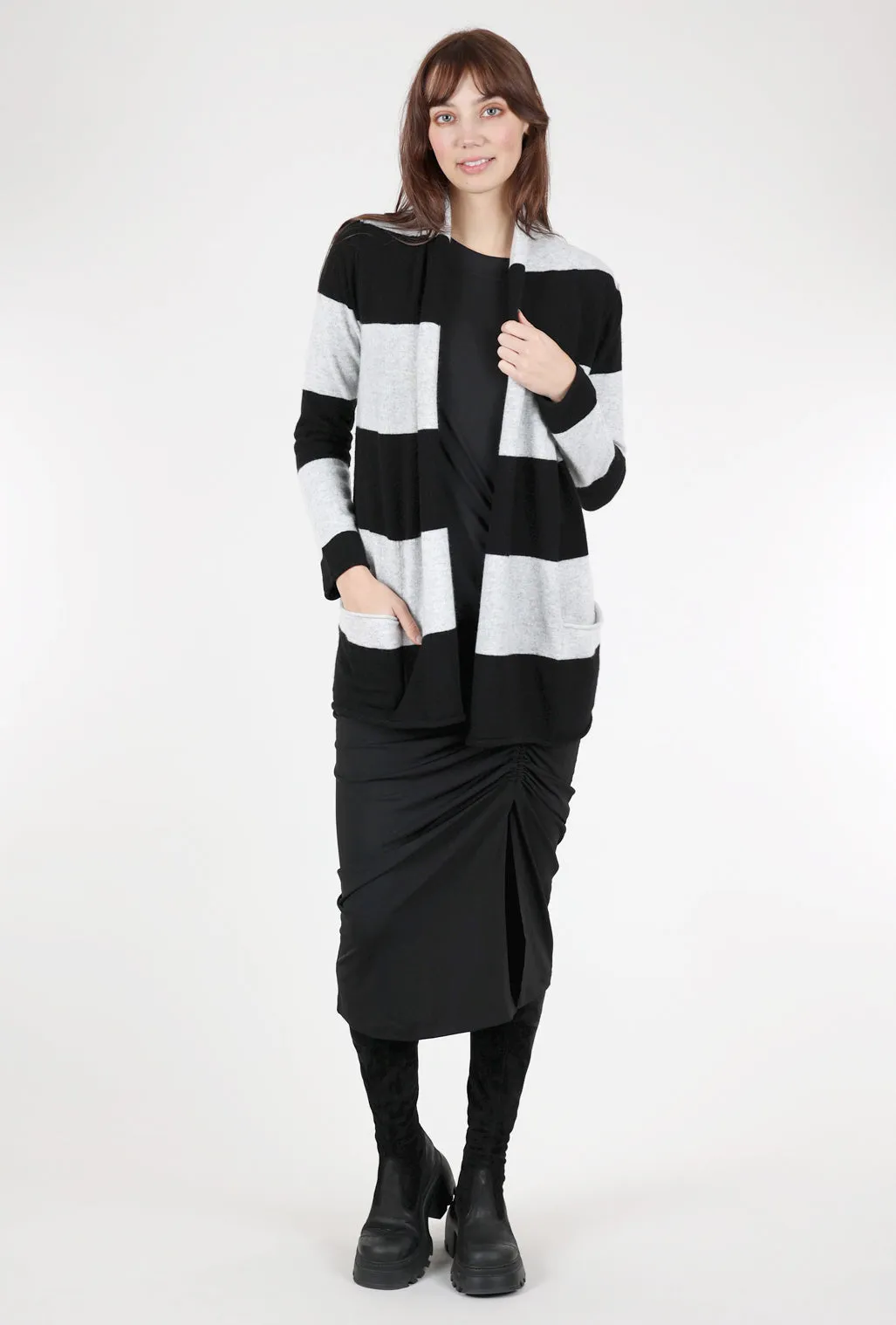 Striped Cashmere Open Cardie, Black/Gray
