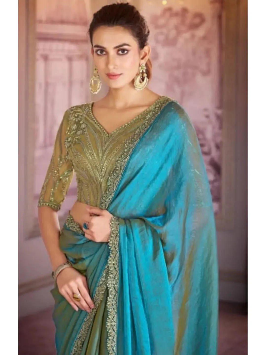 Superb Shiny Light Blue Chiffon Organza Embroidered Saree