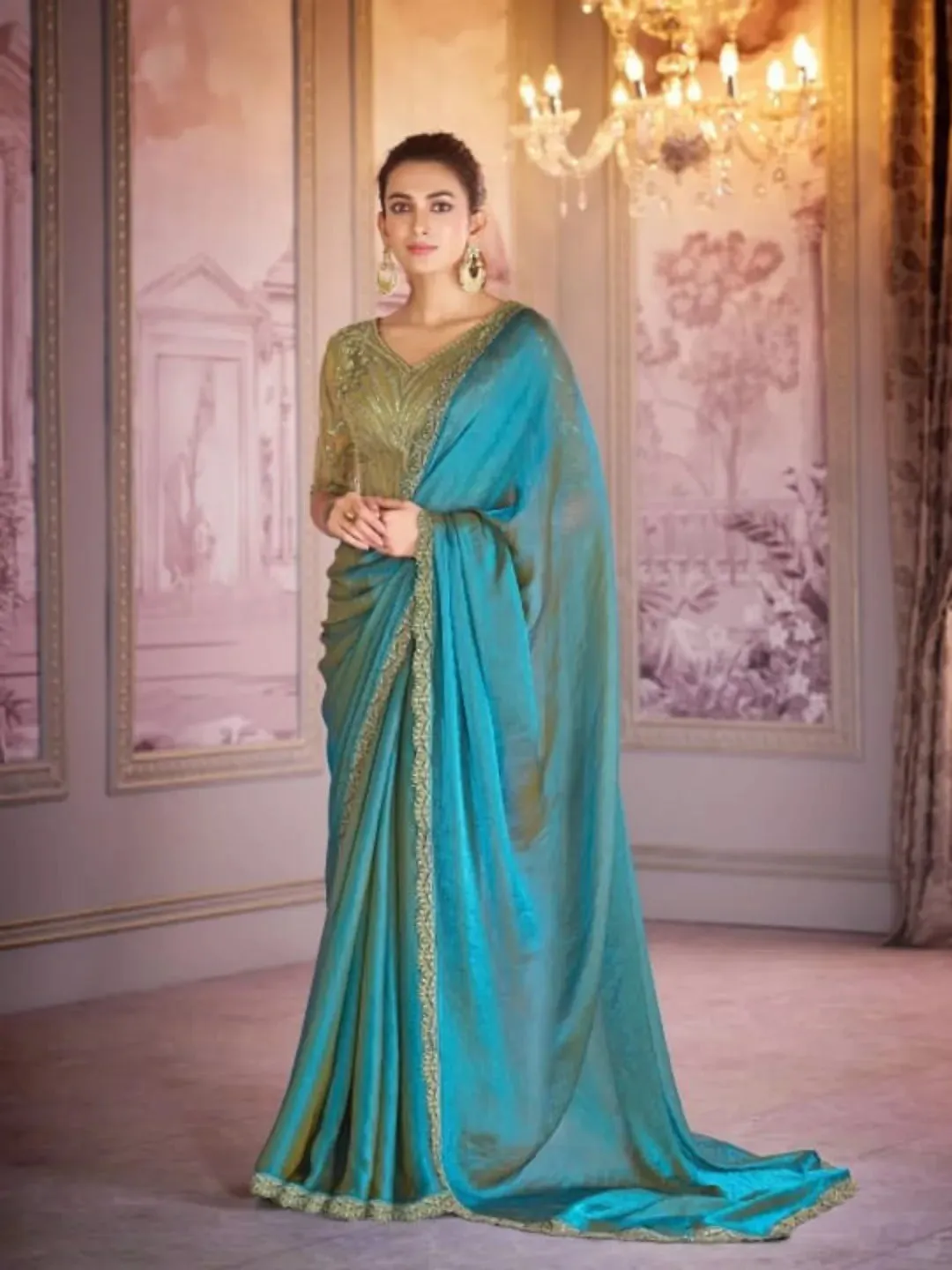 Superb Shiny Light Blue Chiffon Organza Embroidered Saree