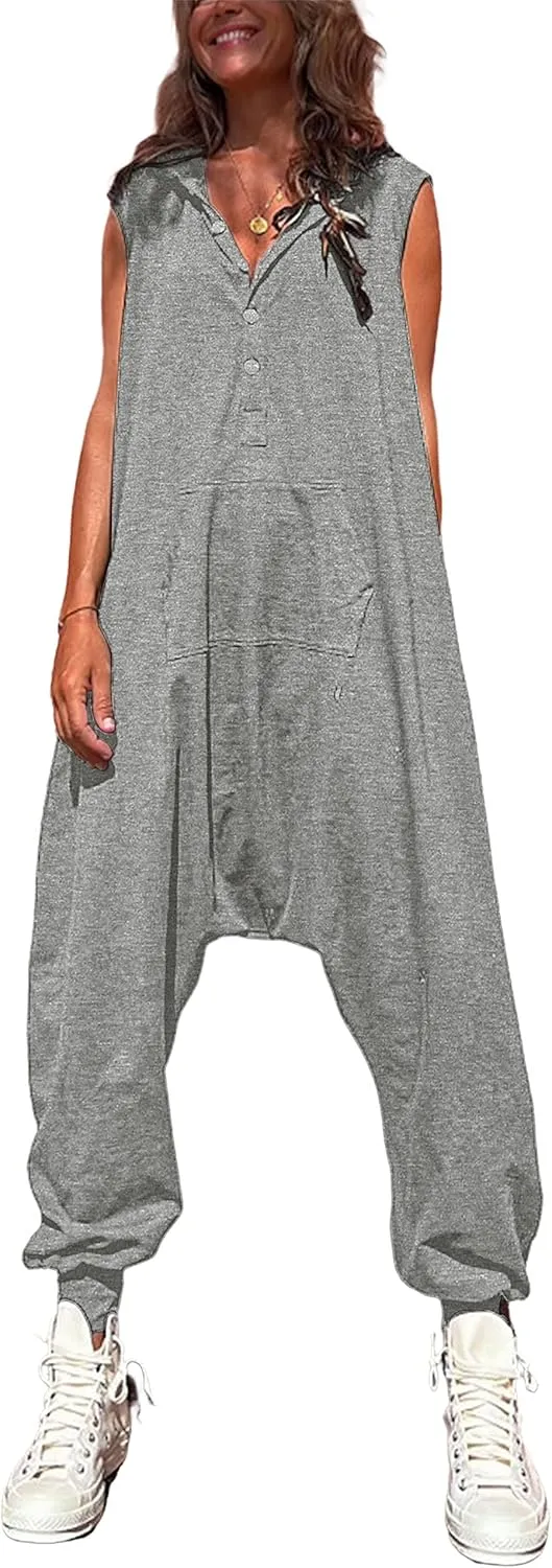 Tanming Hooded Jumpsuits for Women Casual Sleeveless Long Harem Pants Romper with Pockets