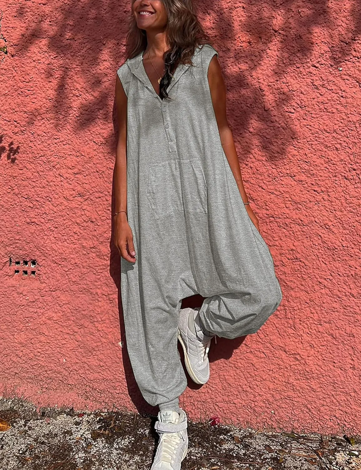 Tanming Hooded Jumpsuits for Women Casual Sleeveless Long Harem Pants Romper with Pockets