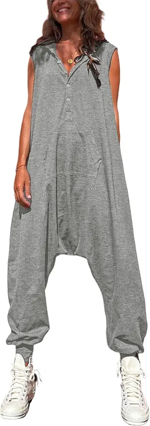 Tanming Hooded Jumpsuits for Women Casual Sleeveless Long Harem Pants Romper with Pockets