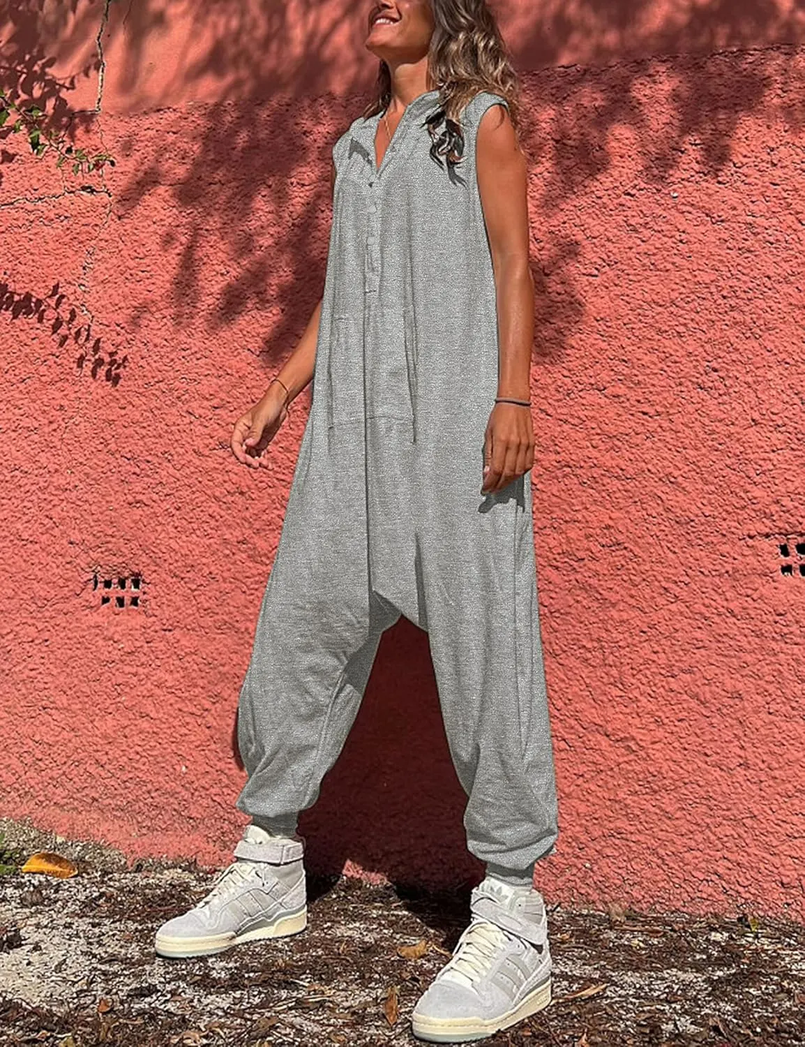 Tanming Hooded Jumpsuits for Women Casual Sleeveless Long Harem Pants Romper with Pockets