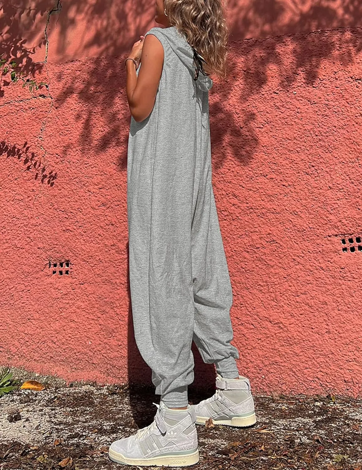 Tanming Hooded Jumpsuits for Women Casual Sleeveless Long Harem Pants Romper with Pockets