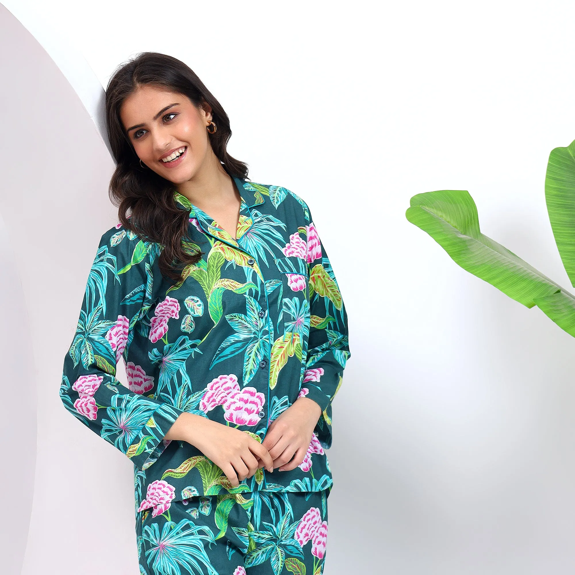 Teal Green Floral Print PJ Set for Women With Lapel Collor