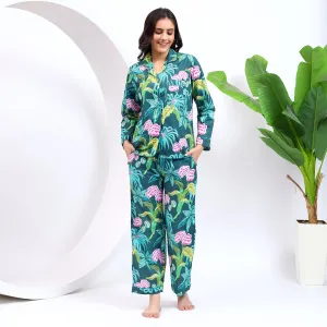 Teal Green Floral Print PJ Set for Women With Lapel Collor