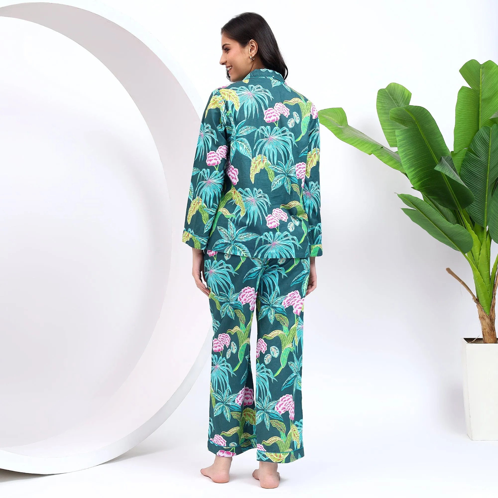 Teal Green Floral Print PJ Set for Women With Lapel Collor