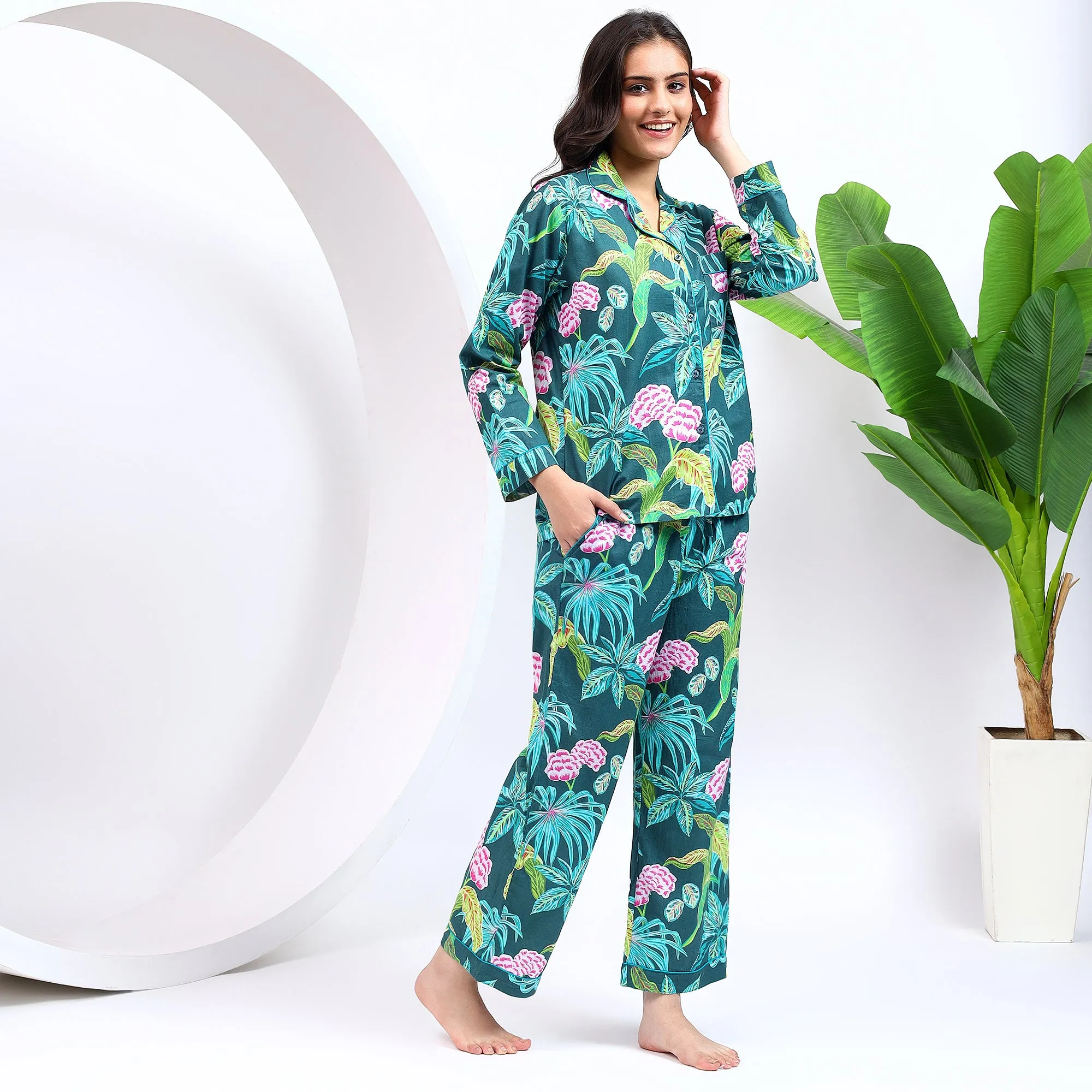 Teal Green Floral Print PJ Set for Women With Lapel Collor