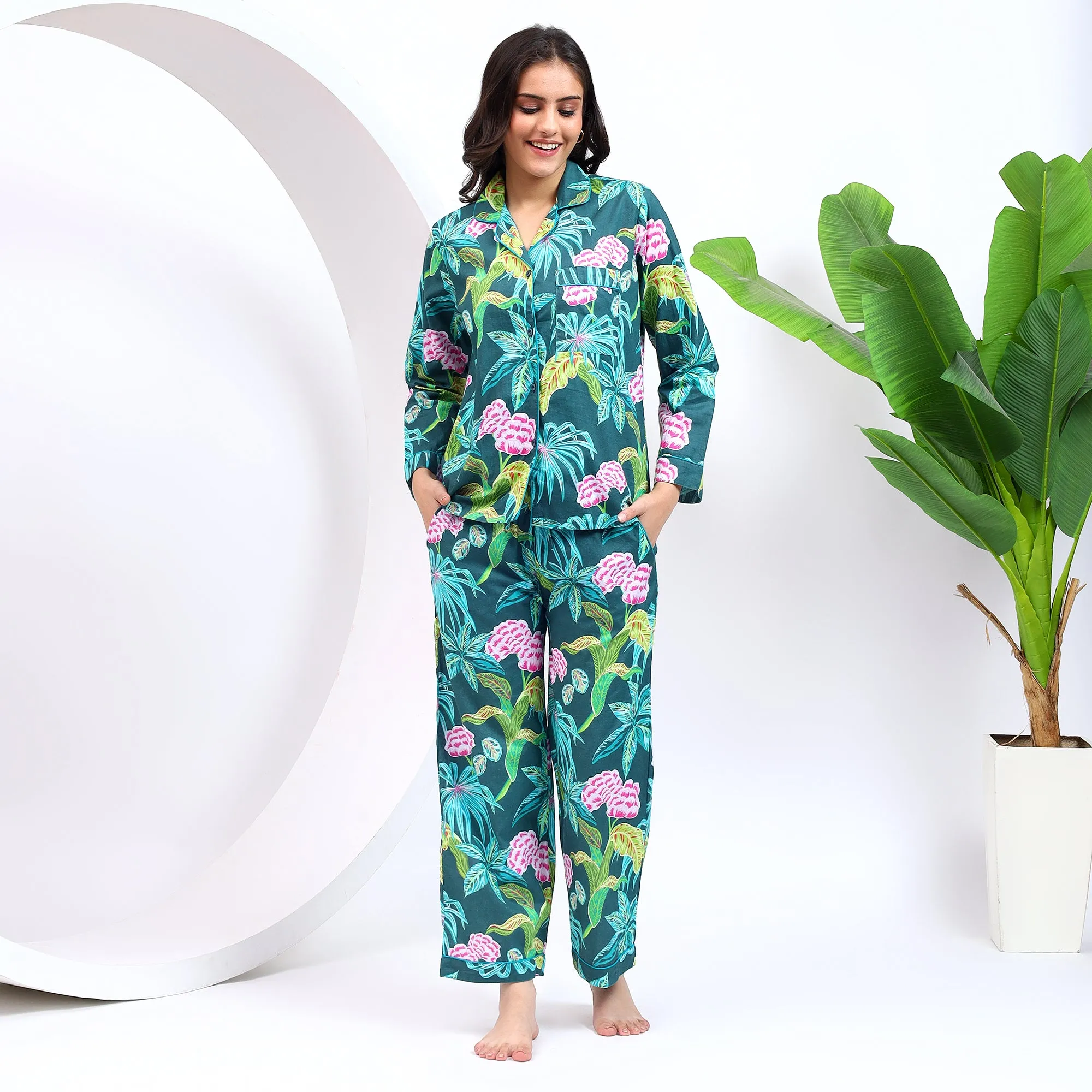 Teal Green Floral Print PJ Set for Women With Lapel Collor