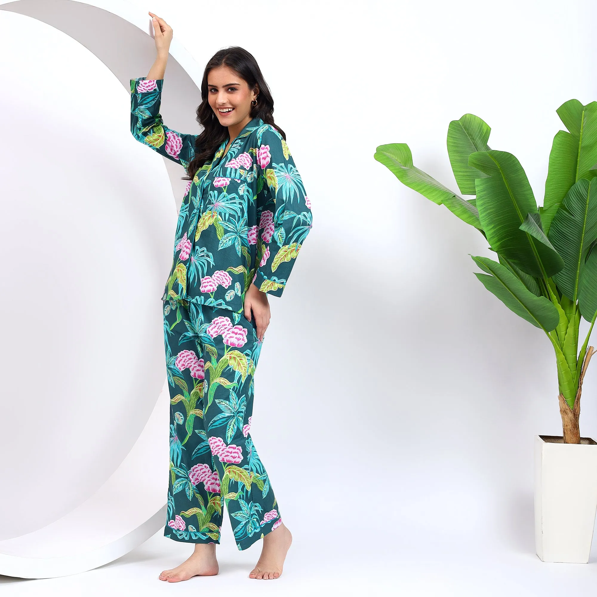 Teal Green Floral Print PJ Set for Women With Lapel Collor