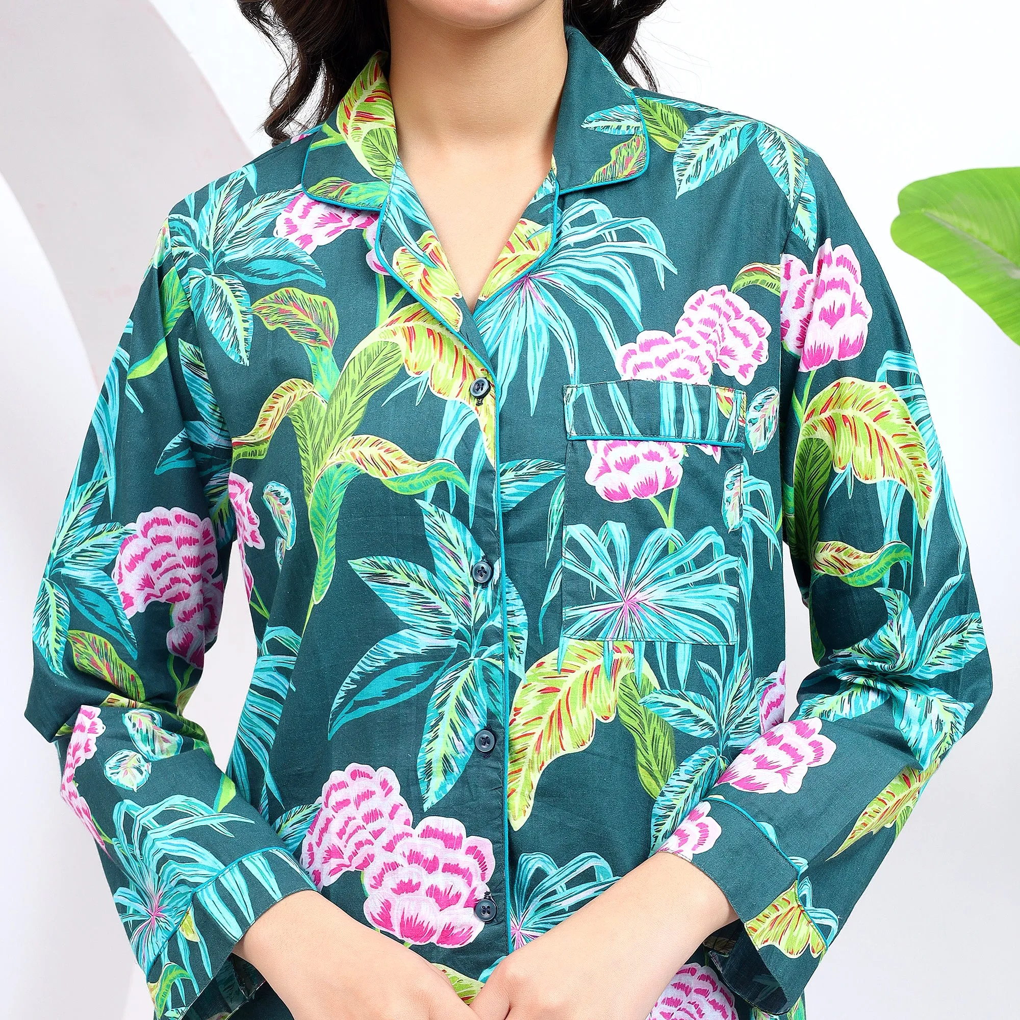 Teal Green Floral Print PJ Set for Women With Lapel Collor