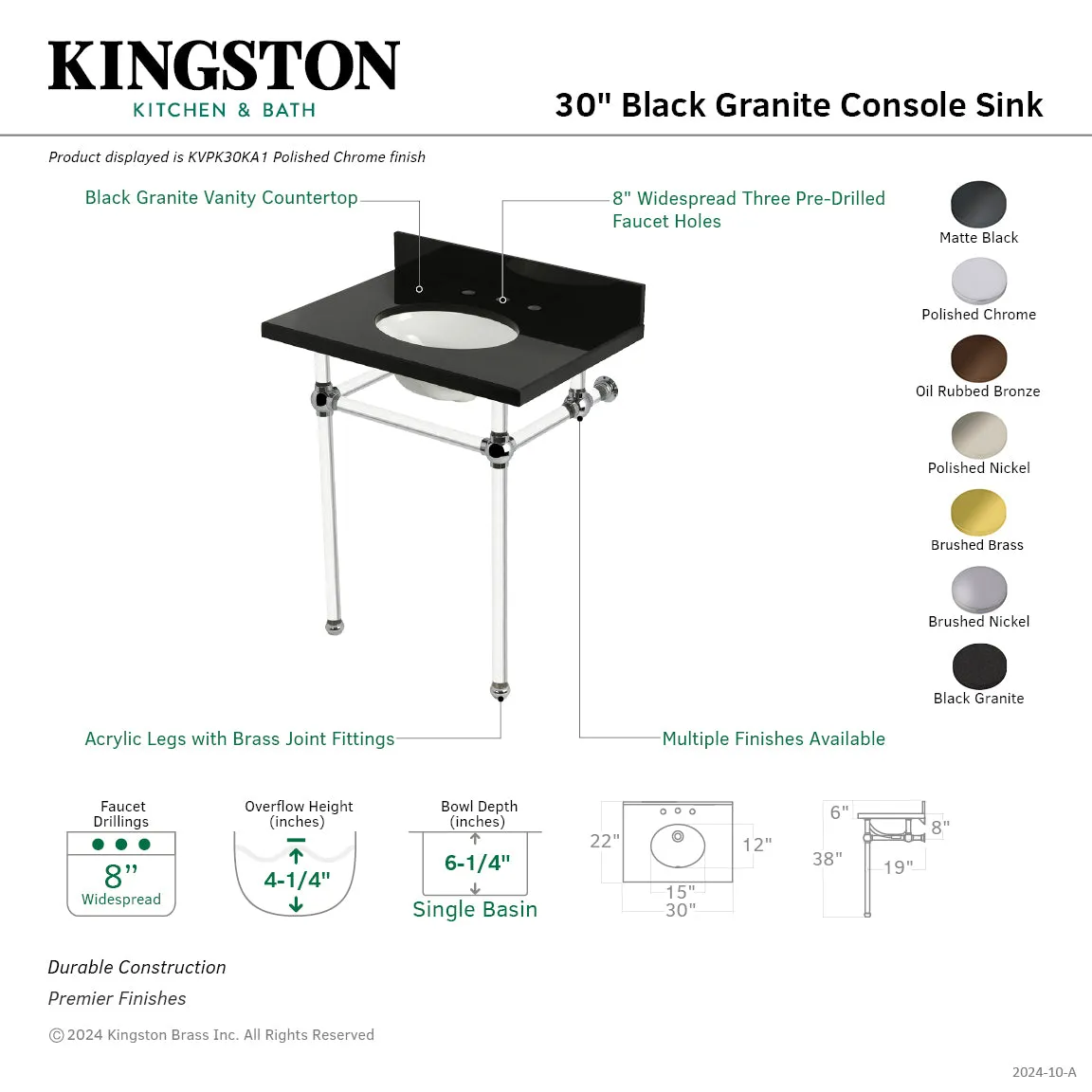 Templeton KVPK30KA0 30-Inch Black Granite Console Sink with Acrylic Legs, Black Granite/Matte Black