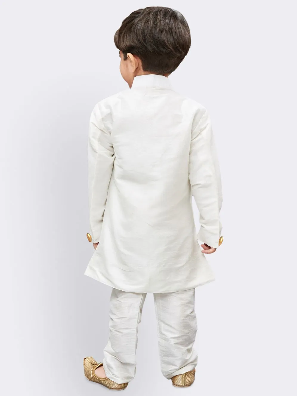 VASTRAMAY Boys' White Silk Blend Kurta And Pyjama Set