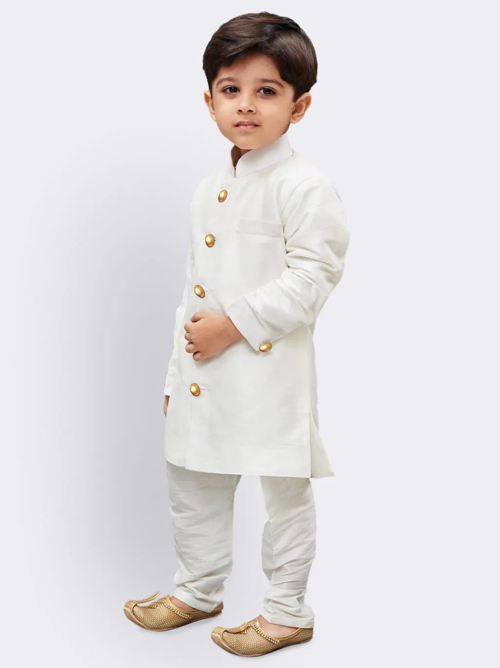 VASTRAMAY Boys' White Silk Blend Kurta And Pyjama Set