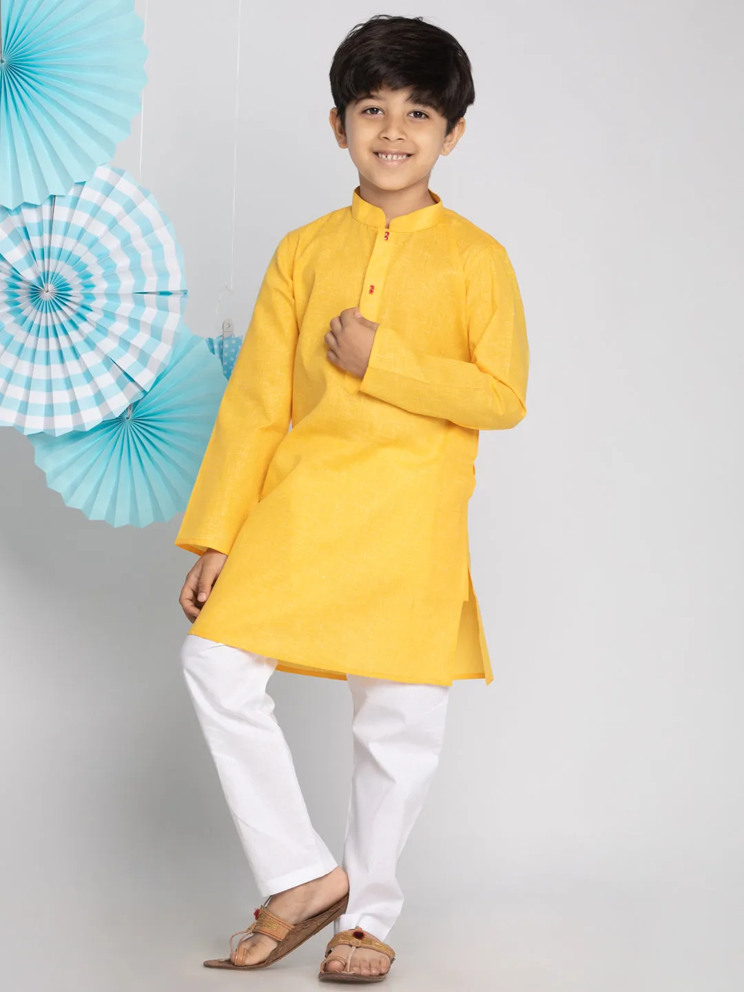 VASTRAMAY Boys' Yellow And White Kurta Pyjama Set