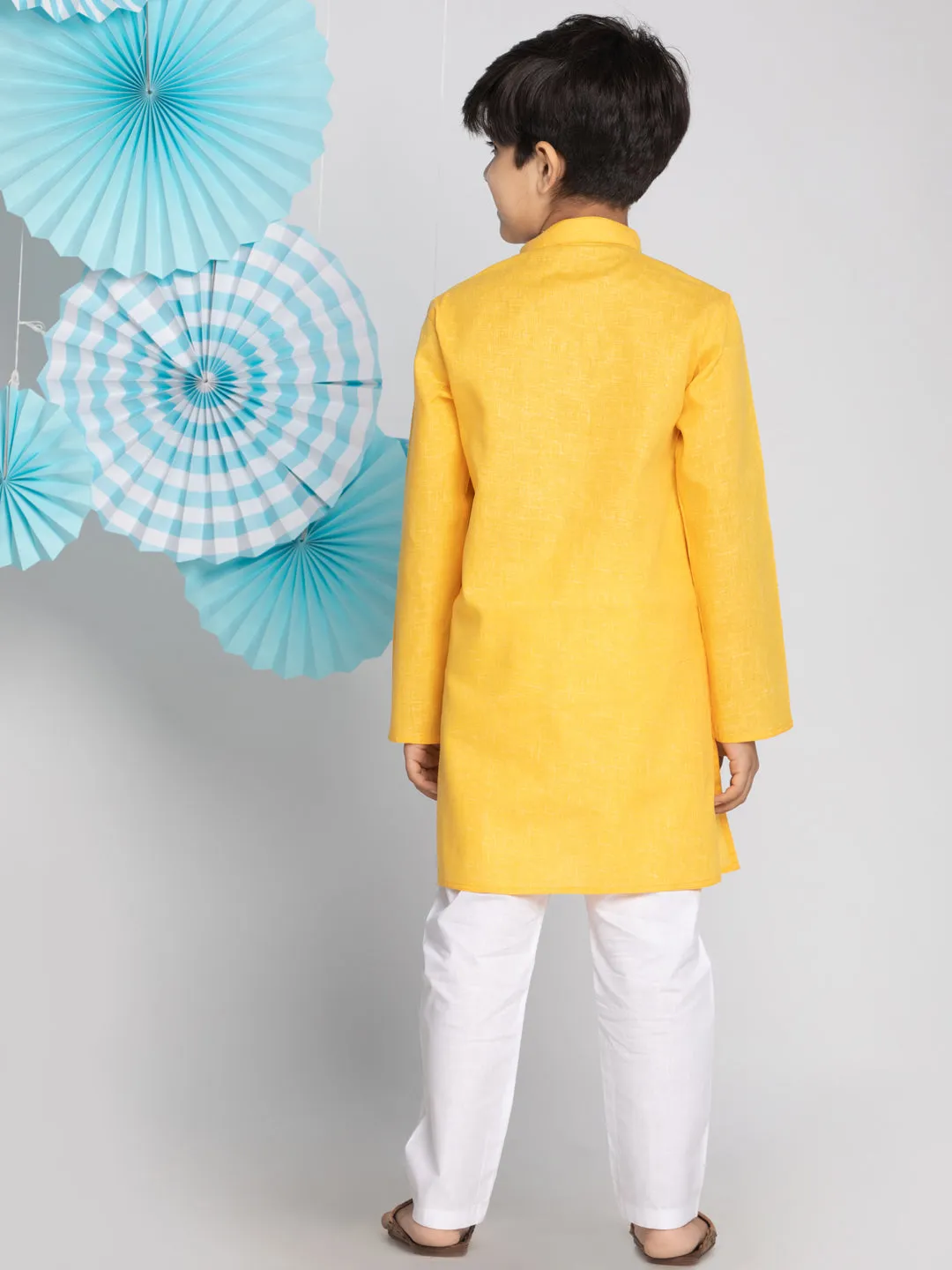 VASTRAMAY Boys' Yellow And White Kurta Pyjama Set