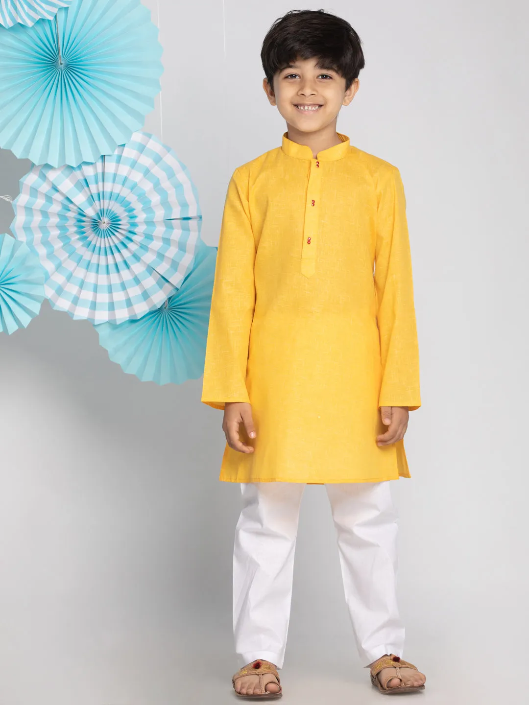 VASTRAMAY Boys' Yellow And White Kurta Pyjama Set