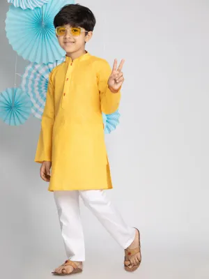 VASTRAMAY Boys' Yellow And White Kurta Pyjama Set