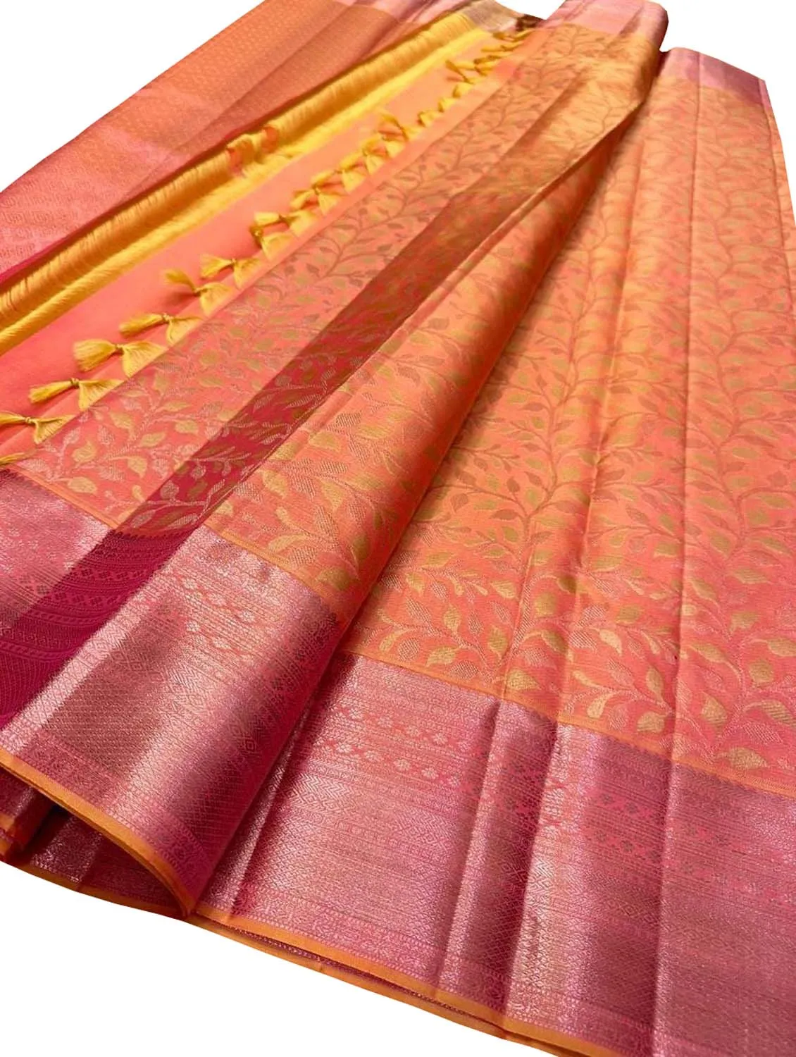 Vibrant Orange and Pink Kanjeevaram Handloom Pure Silk Saree