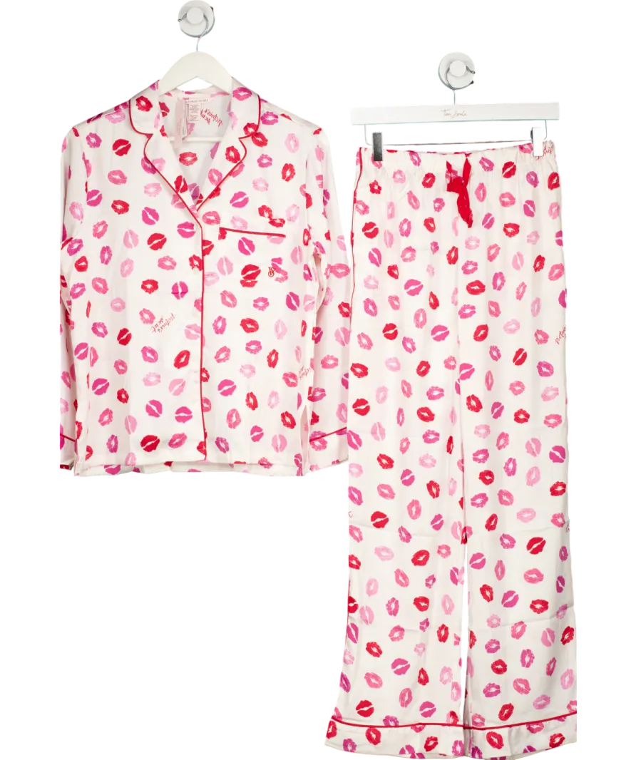 Victoria's Secret White Coconut White/ Lipstick Pink Kisses Satin Long Pyjama Set UK XS