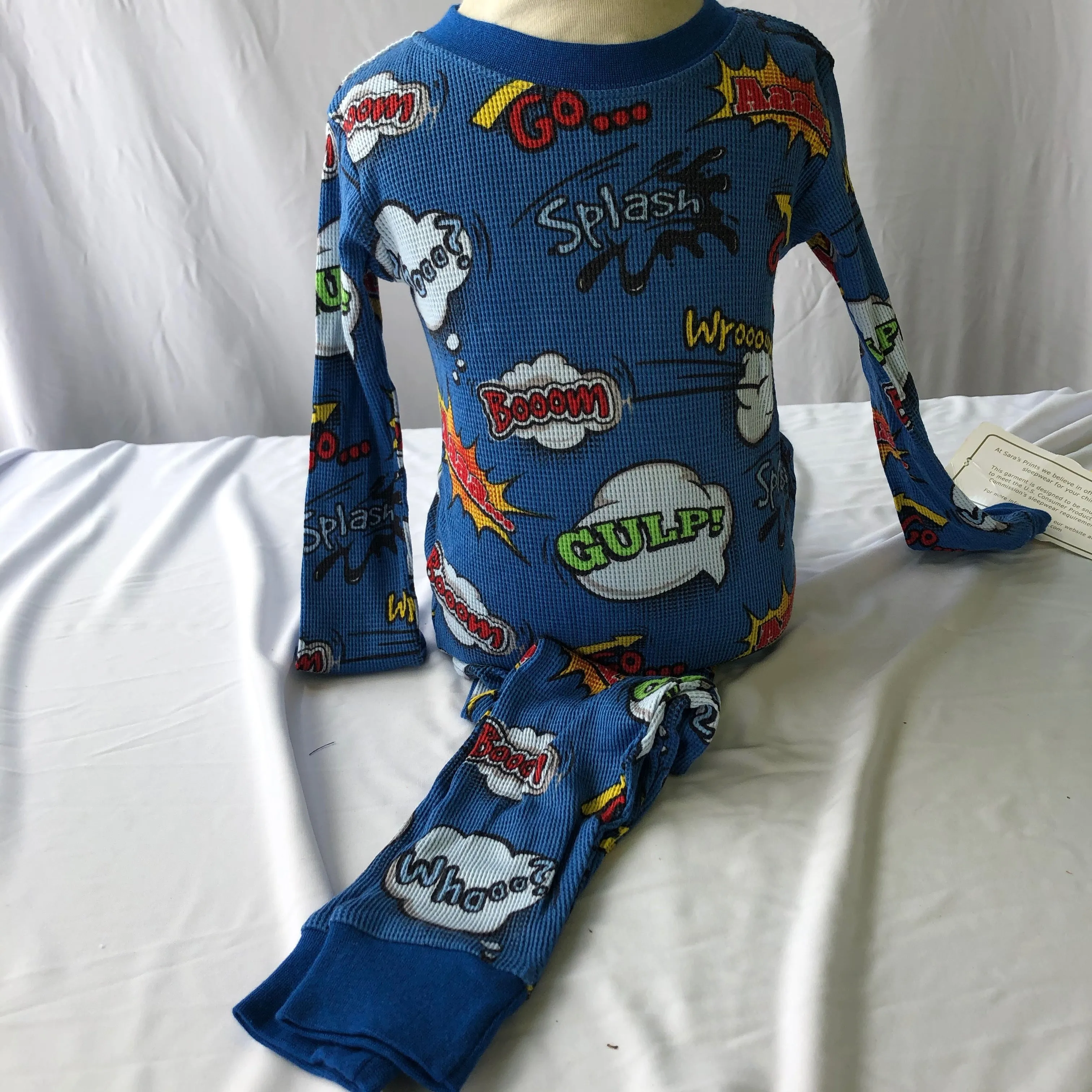 Waffle Long John Kids Pajama Set - Superhero Comic Print