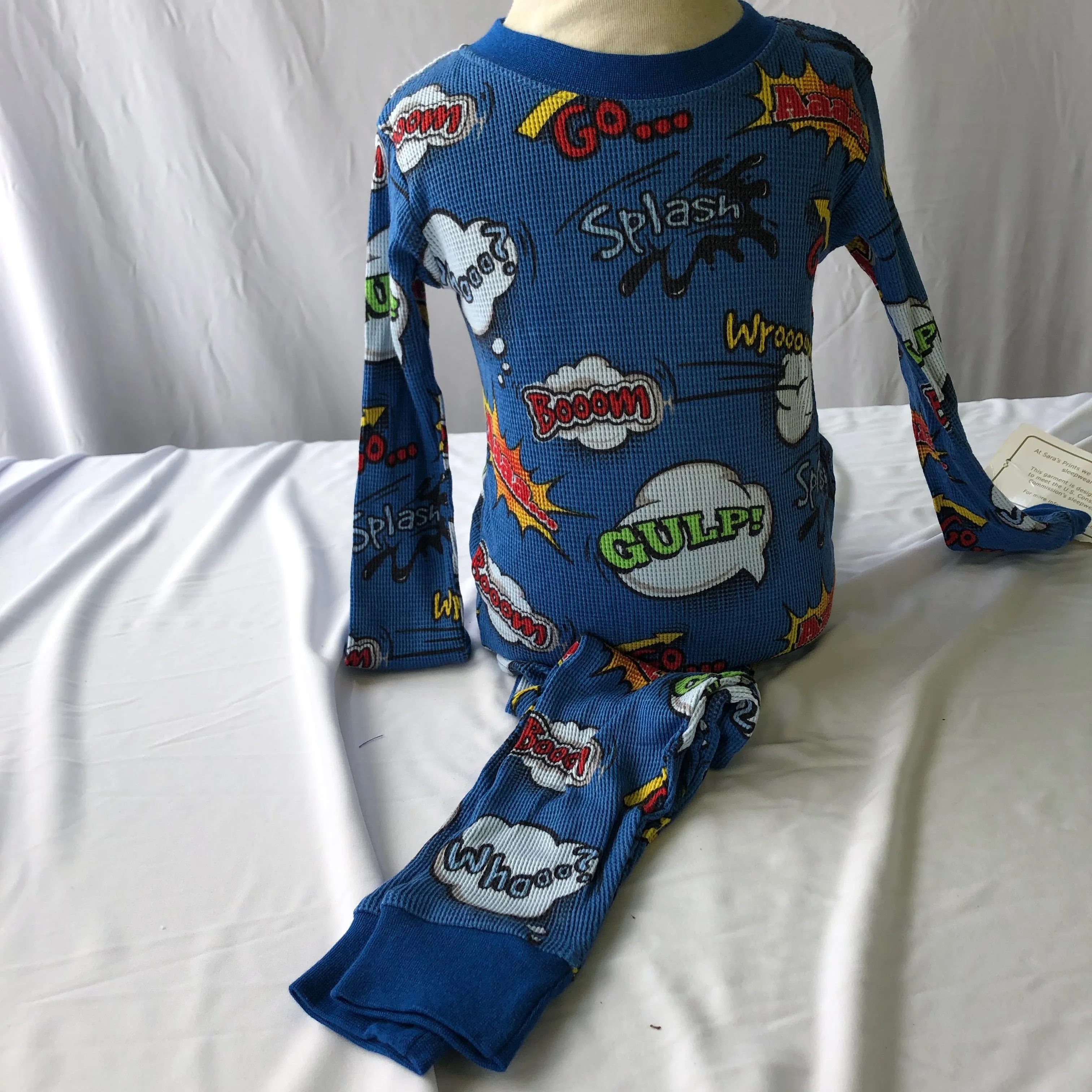 Waffle Long John Kids Pajama Set - Superhero Comic Print