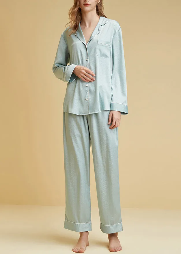Women Light Blue V Neck Button Ice Silk Pajamas Two Pieces Set Long Sleeve