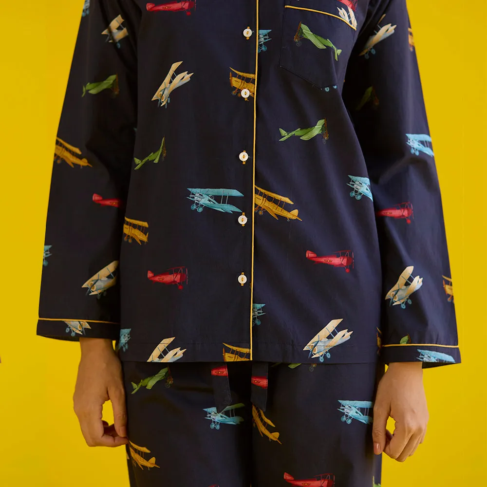 Women Vintage Planes Navy Pajama Set