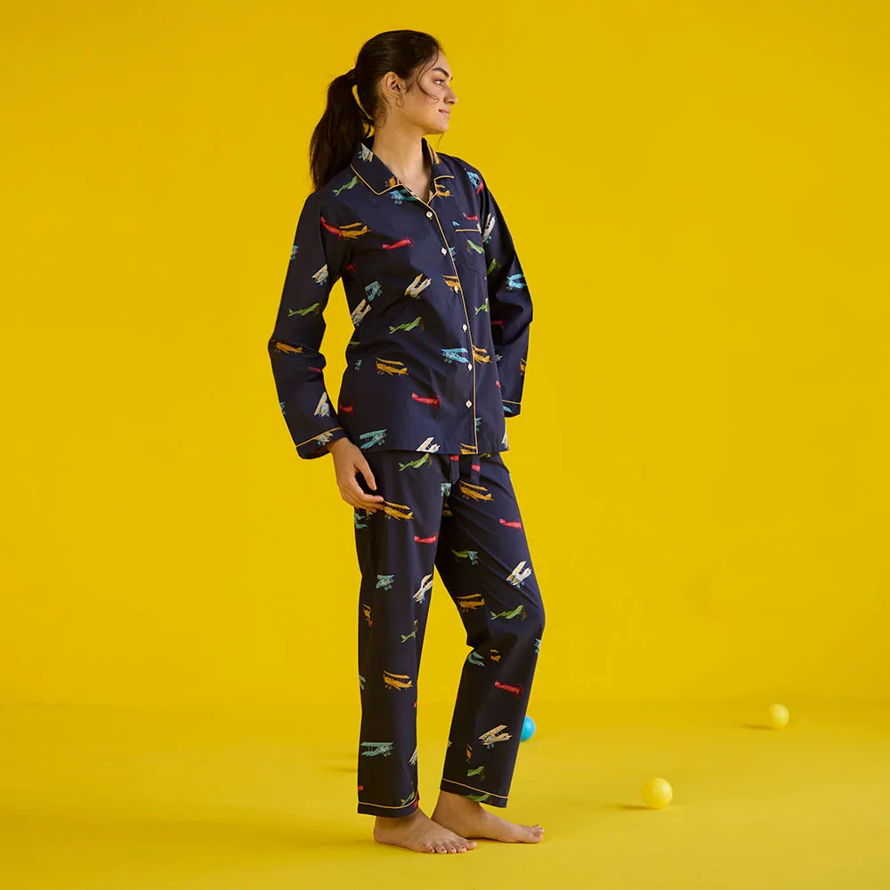 Women Vintage Planes Navy Pajama Set
