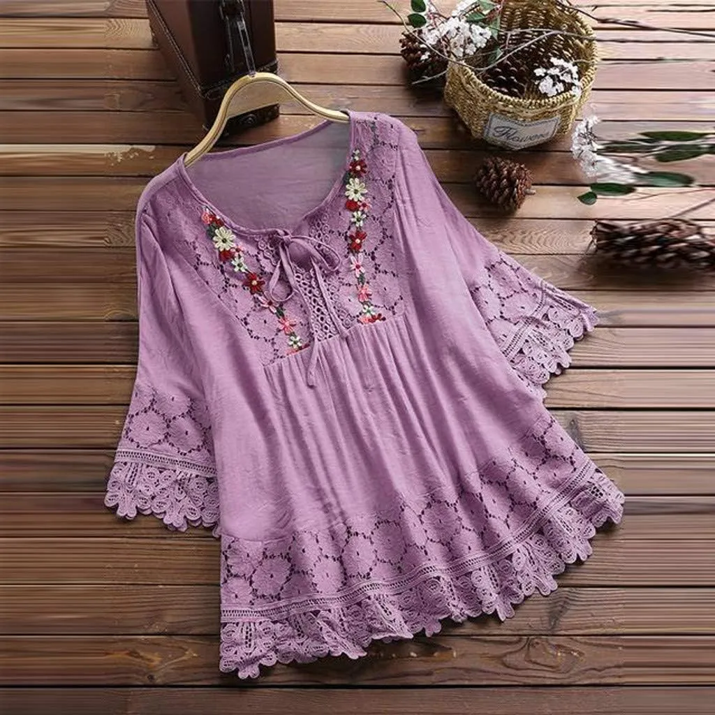 Women's Linen Loose Fit Tshirt Tops Vintage Lace Tie V-Neck Embroidered Tunics Comfy Relaxed Ladies 3/4 Sleeve Blouse