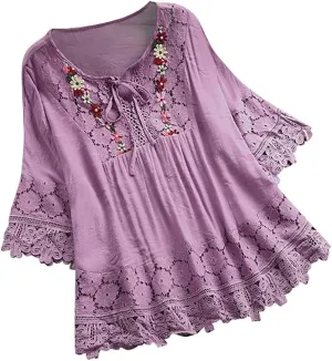 Women's Linen Loose Fit Tshirt Tops Vintage Lace Tie V-Neck Embroidered Tunics Comfy Relaxed Ladies 3/4 Sleeve Blouse