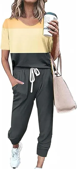 Women's Sweatsuit Set Casual 2 Piece Outfit Color Block Pajamas Set Sleeve Top Sweatpant Set Jogger Tracksuits