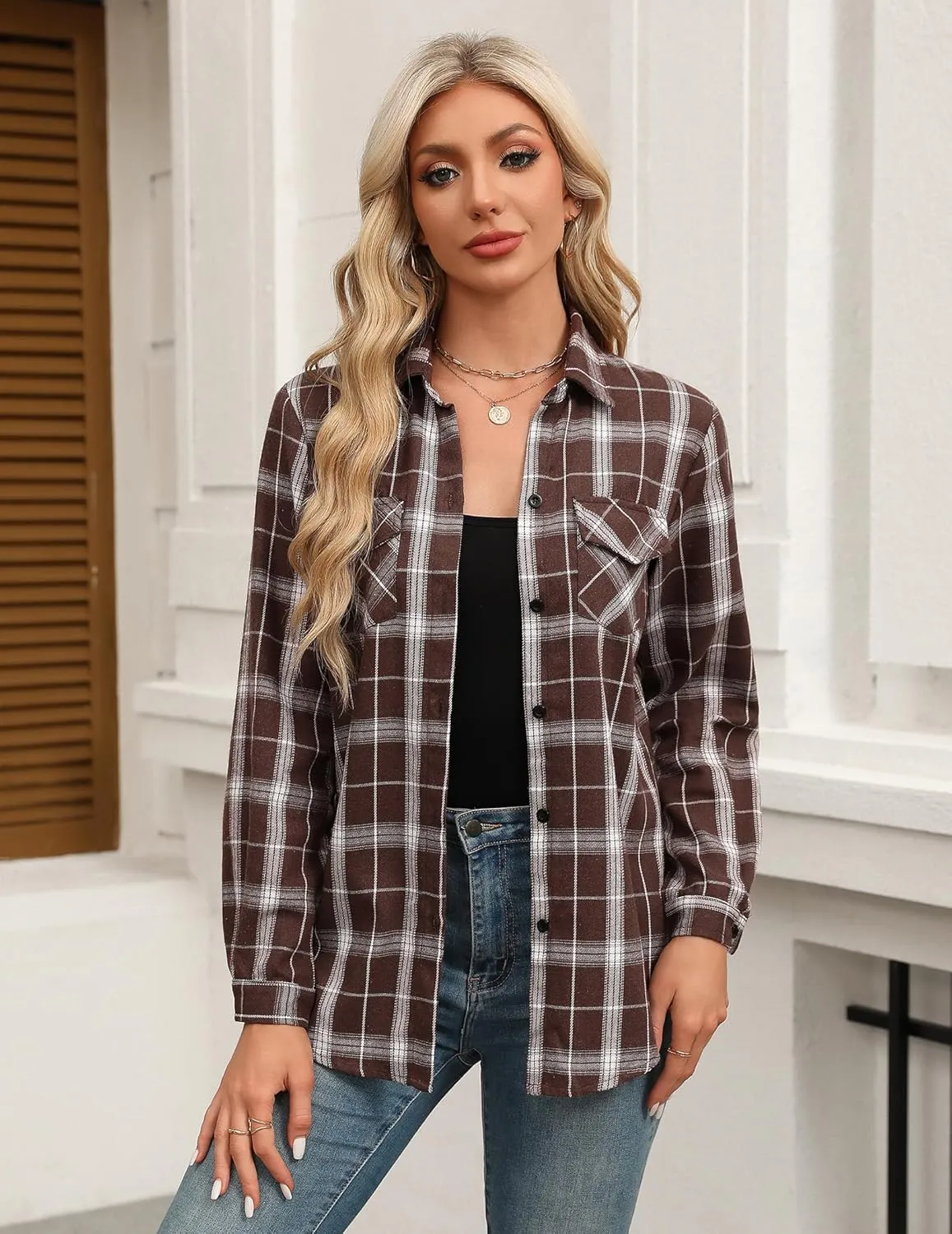 Zeagoo Womens Flannel Shirts Long/Roll Up Sleeve Collared Button Down Plaid Shirt Casual Work Tops