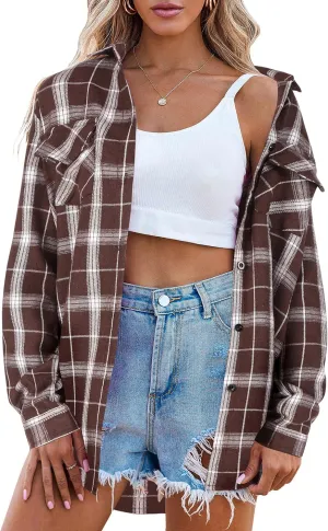 Zeagoo Womens Flannel Shirts Long/Roll Up Sleeve Collared Button Down Plaid Shirt Casual Work Tops